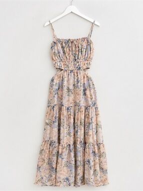 ASTR The Label Blue Peach Floral Tiered Dress XL Cottagecore Midi Spring Odina